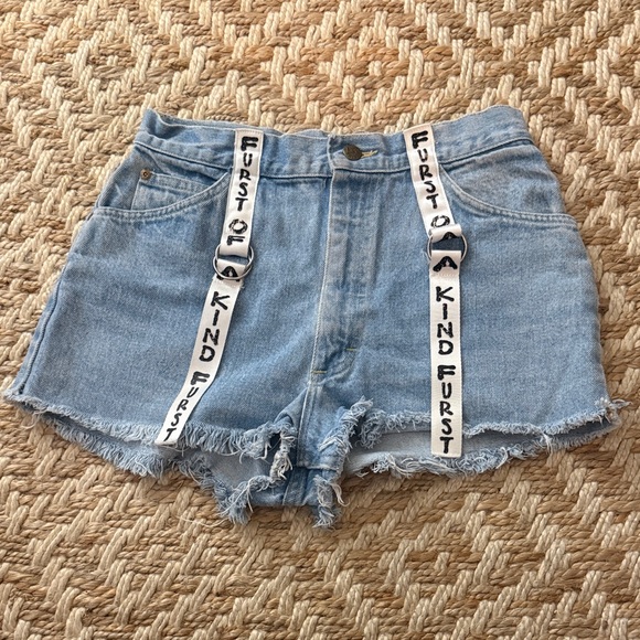 Furst Of A Kind Pants - High-Rise Light Blue Denim Shorts with Graphic Strap Detail